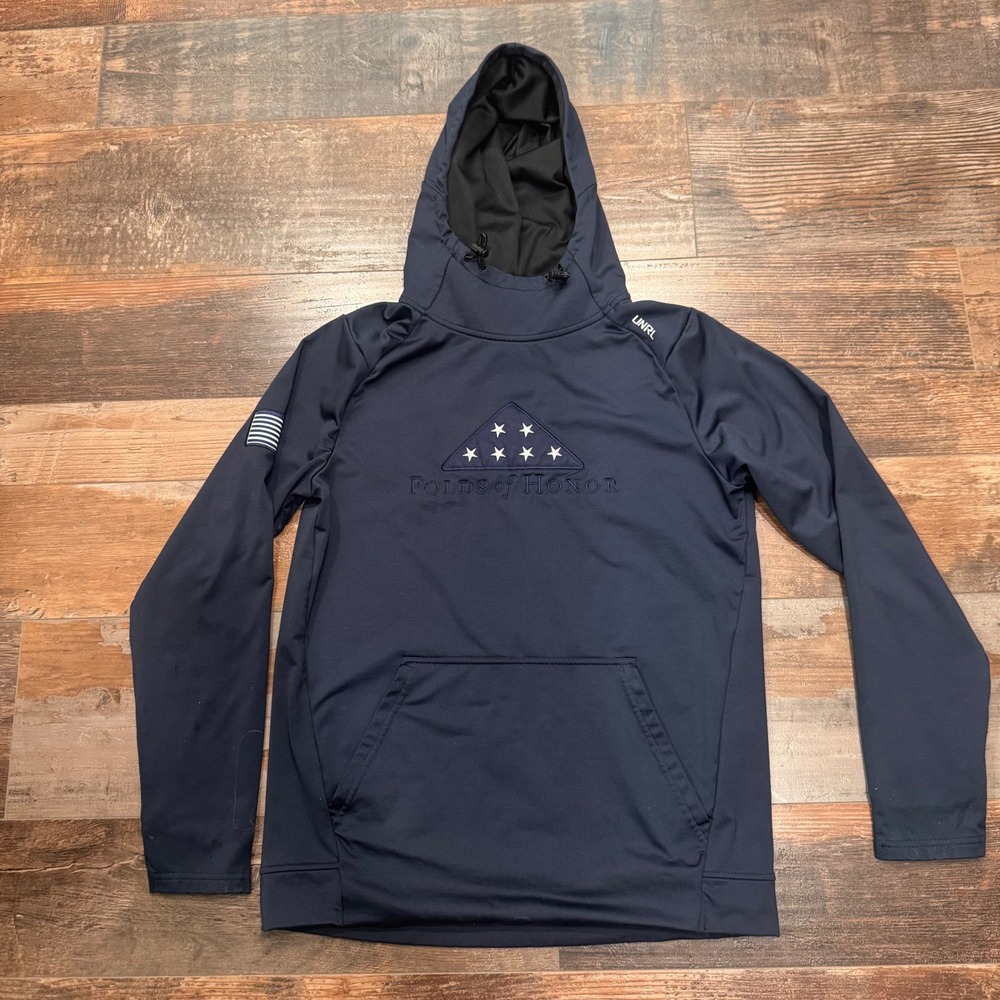 UNRL Folds of Honor Hoodie Mens Small Navy Blue Performance Scuba Sweatshirt